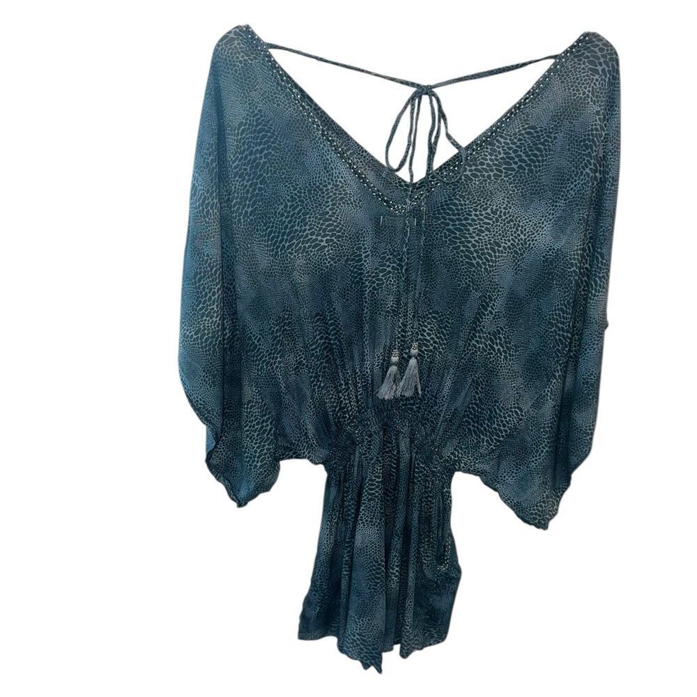 Khush Boho RomperโSmall Blue Gray Batwing Sleeve Tassel Tie Elastic Waist